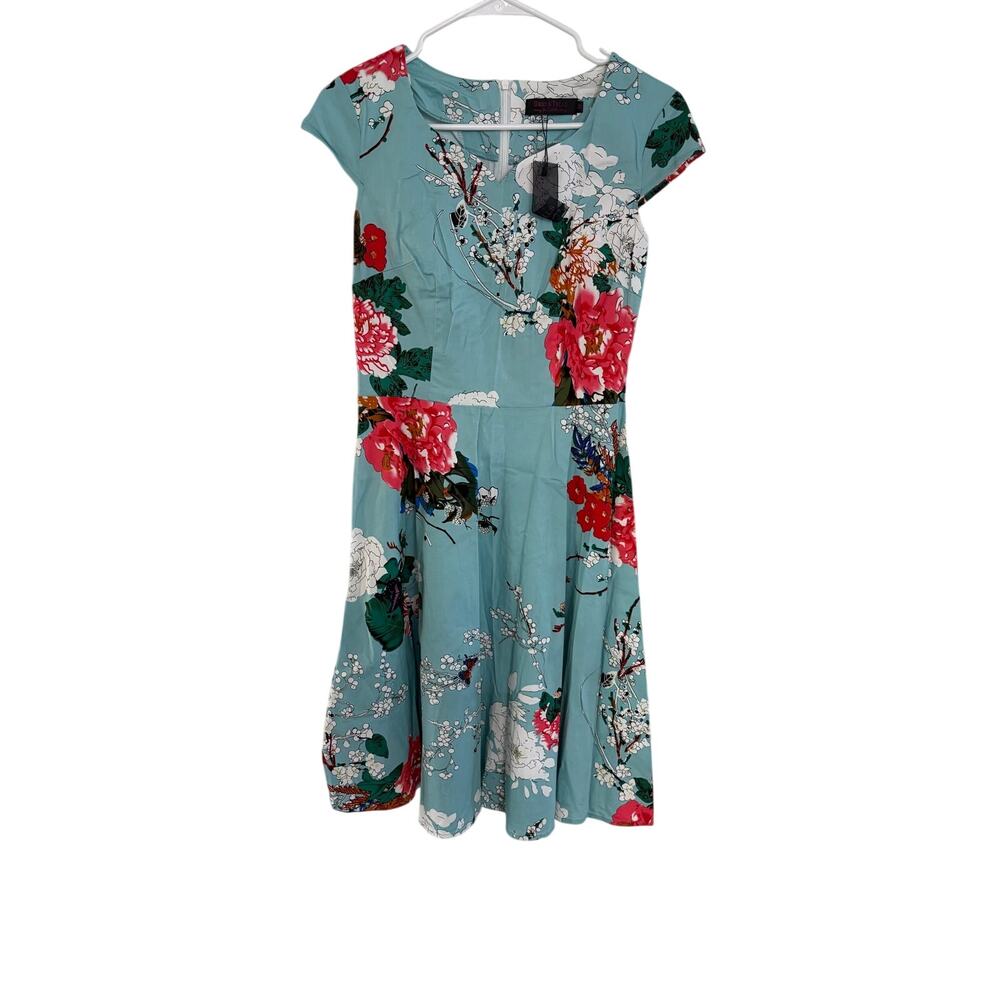 Vintage Womens Light Blue Floral A-line Dress with Cap Sleeves Size Medium